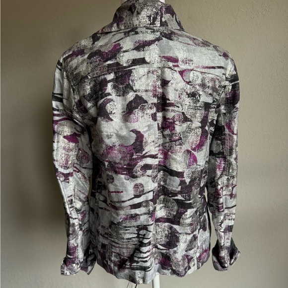 Chico’s Purple and Gray Metallic Printed Linen Lightweight Blazer Women’s 0 (S) - Picture 3 of 4